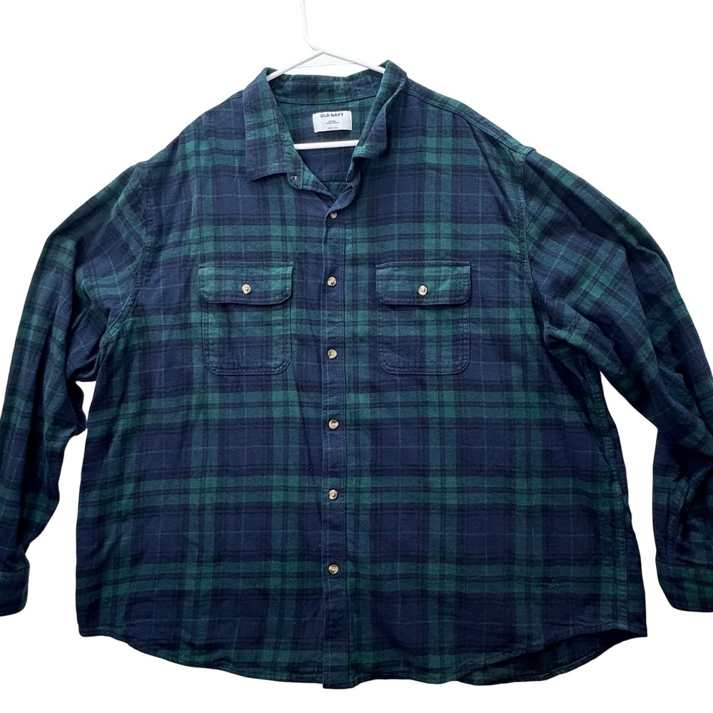 Old Navy Flannel Shirt Men 4XL Green Blue Plaid Double Brushed Casual Grunge